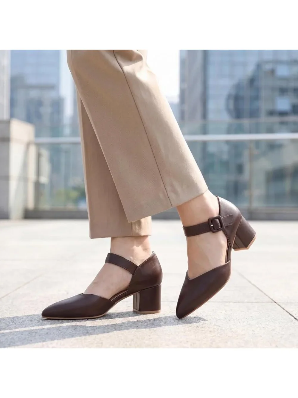 Women's Gold Pu Kitten Heel Pointed Closed Ankle Strap Buckle Slip On Shoes